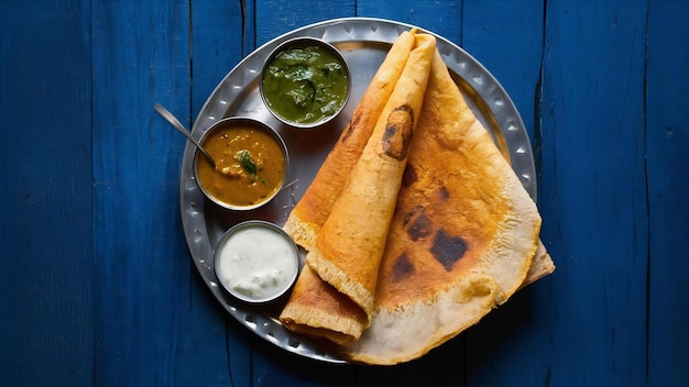 Zdjęcie masala dosa jest południowoindyjskim posiłkiem podawanym z sambharem i kokosowym chutney.