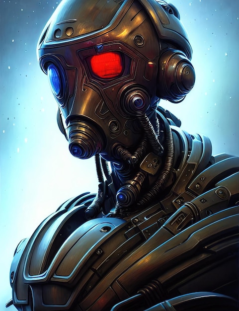 Maska gazowa steampunk portret robota cyborga w masce cyberpunk Stalowy hełm na głowie świecące oczy steampunkowa humanoidalna maska gazowa ilustracja 3d