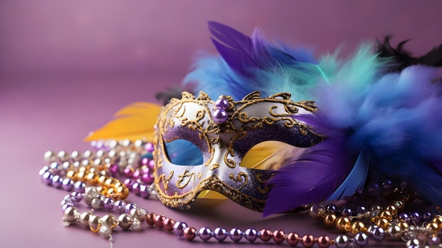 Maska karnawałowa z piórami dekoracja Mardi Gras z banerem kopiowania przestrzeni dla tekstu