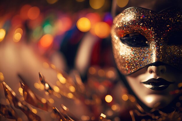Maska Mardi Gras z dużą ilością błyszczącego brokatu konfetti i piór Sztuka generowana przez sztuczną inteligencję sieci neuronowej