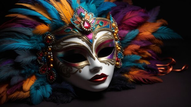 Maska Mardi Gras z wielokolorowym piórkowym nakryciem głowy na ciemnym tle świąteczna atmosfera