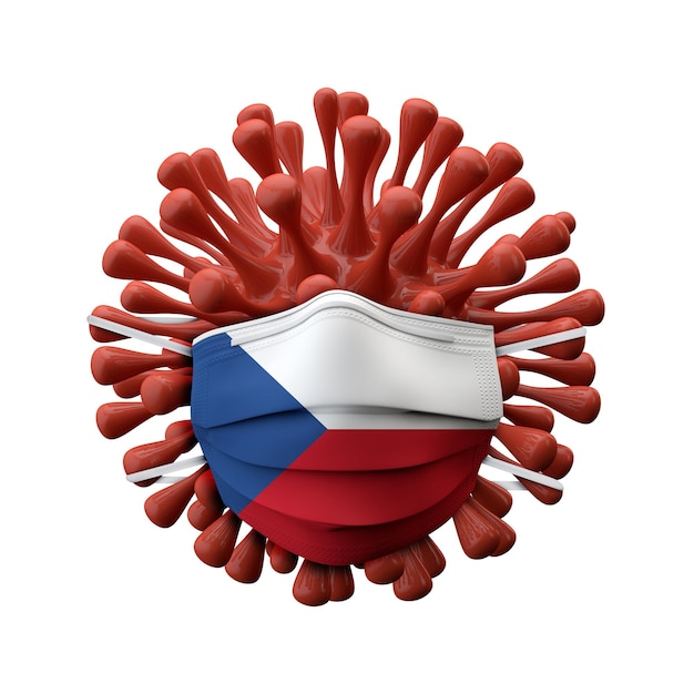 Maska ochronna z flagą Republiki Czeskiej na wirusie bakterii d render