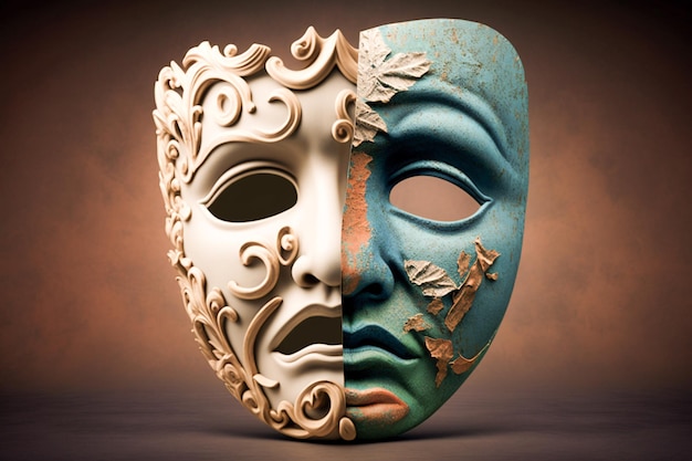 Maska teatralna, w której jedna połowa przedstawia tragedię, a druga połowa przedstawia komedię wykonaną za pomocą Generat