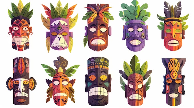 Maska tiki z animowaną kreskówką z liśćmi i piórami Polinezyjska lub afrykańska tradycyjna drewniana twarz Element rytualny starożytnej kultury