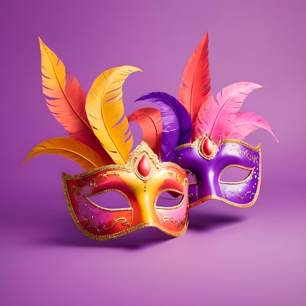 Zdjęcie maski karnawałowe na fioletowym tle wielokolorowe ilustracje 3d