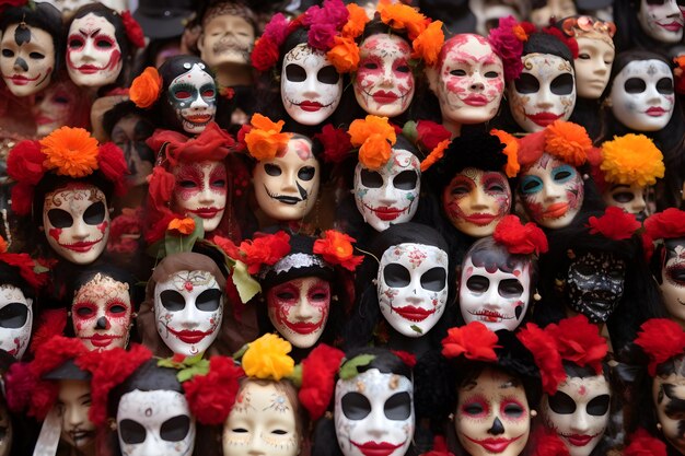 Zdjęcie maski pośmiertne w tradycyjne meksykańskie święto dia de los muertos