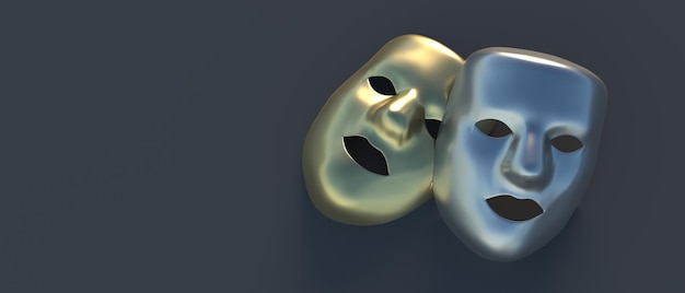 Maski starożytnego teatru Dwie maski złota i srebra na czarno Ilustracja 3d maskowania ludzkiej twarzy