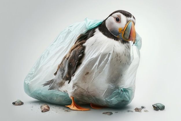 maskonur utknął w plastikowej torbie, ocal koncepcję oceanu, ptak utknął w śmieciach morskich