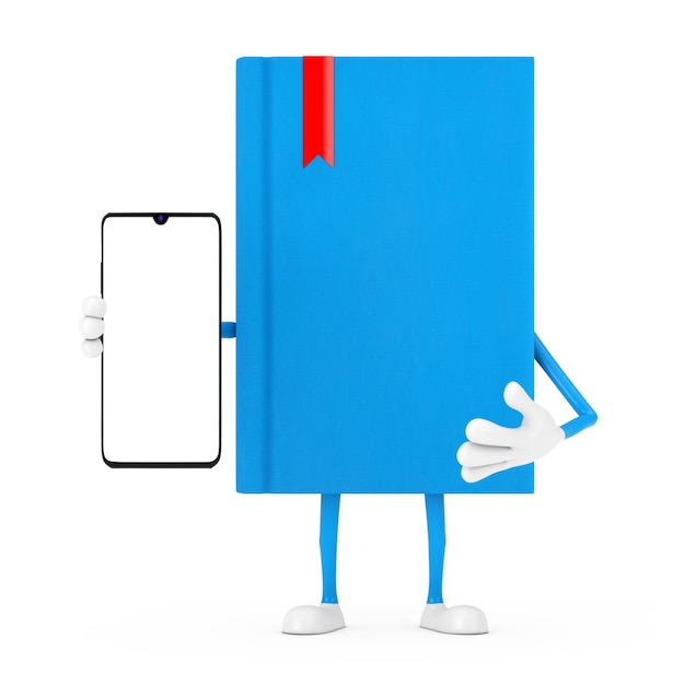 Maskotka charakter niebieska książka i nowoczesny telefon komórkowy z pustego ekranu do projektowania na białym tle. Renderowanie 3D
