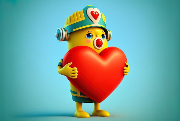 Maskotka postaci z czerwonym sercem i boją ratunkową na żółtym tle