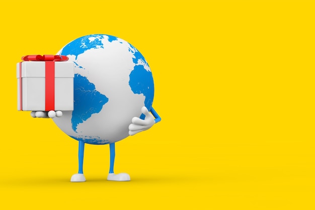 Zdjęcie maskotka znaków kuli ziemskiej z pudełkiem i czerwoną wstążką na żółtym tle. renderowanie 3d
