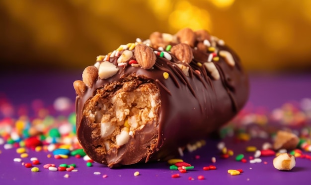 Masło orzechowe pokryte czekoladą pokryte czekoladą znajduje się na fioletowej powierzchni z posypką i posypką.