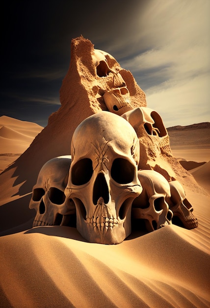 Masowy grób ludzi, ogromna liczba ludzkich czaszek na pustyni, wygenerowana przez sztuczną inteligencję.