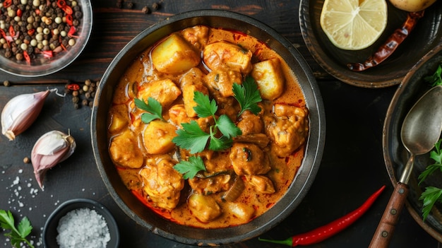 Zdjęcie massaman curry z kurczakiem i ziemniakami jest to aromatyczne curry o pikantnym, luksusowym smaku, które jest harmonijnie słodkie i nie jest tak pikantne.