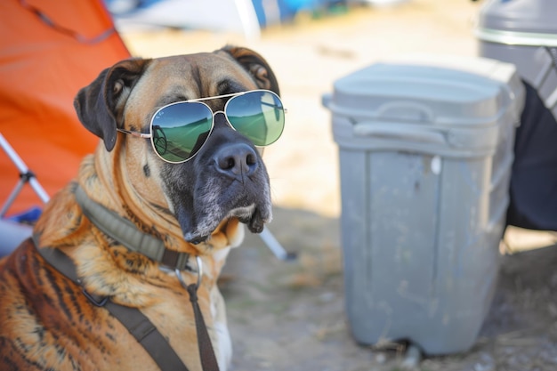 Mastiff w nadmiernie dużych okularach przeciwsłonecznych w pobliżu chłodnicy