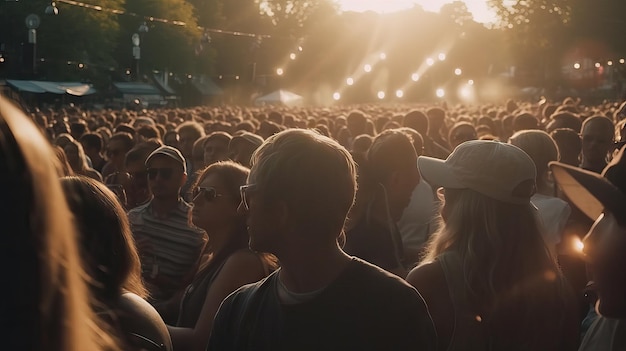 Masywny letni festiwal muzyczny tłum cieszący się muzyką na żywo i rozrywką