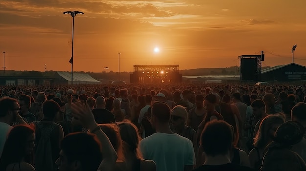 Masywny letni festiwal muzyczny tłum cieszący się muzyką na żywo i rozrywką