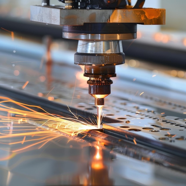 Maszyna do cięcia laserowego precyzyjnie przecina metal emitując deszcz jasnych iskry w środowisku przemysłowym