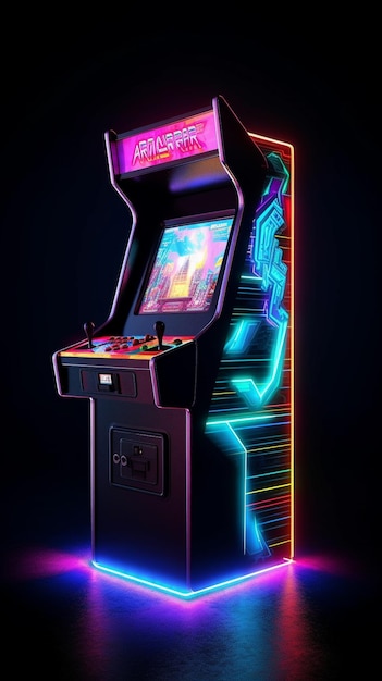 Maszyna do gier wideo z neonowym napisem „gra jest na ekranie”