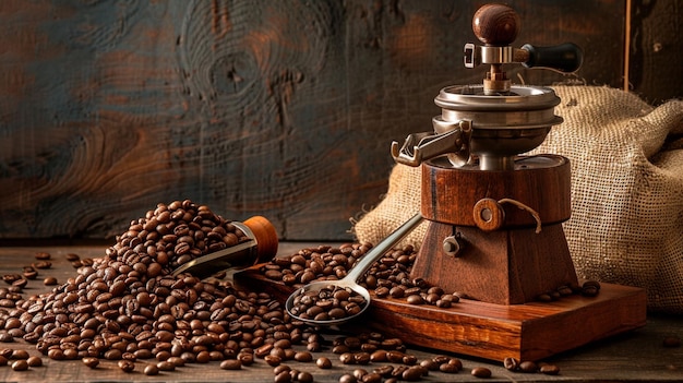 maszyna do kawy z łyżką i ziarnami kawy