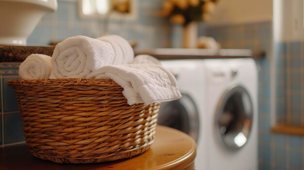 Maszyna do prania i koszyk pełen ręczników znajdujący się w eleganckiej pralni wyrafinowana i funkcjonalna przestrzeń do prac domowych