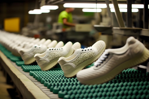 Maszyny i urządzenia fabryki obuwia nowoczesna produkcja obuwia Sztuka generowana przez sieć neuronową