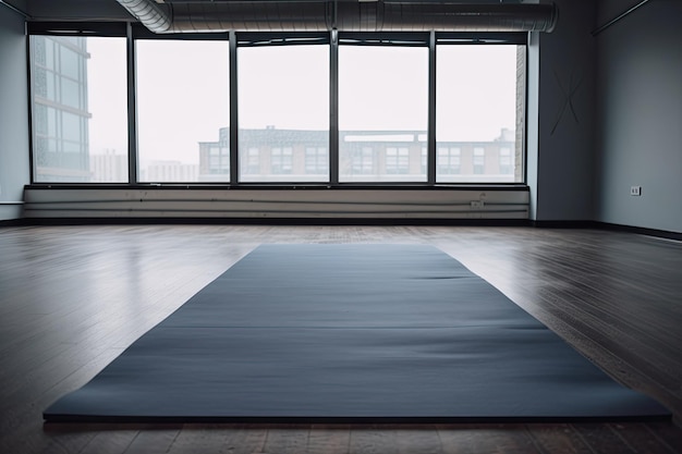 Mata do jogi leży na drewnianej podłodze w ciemnym pokoju z dużym oknem z napisem „joga”.