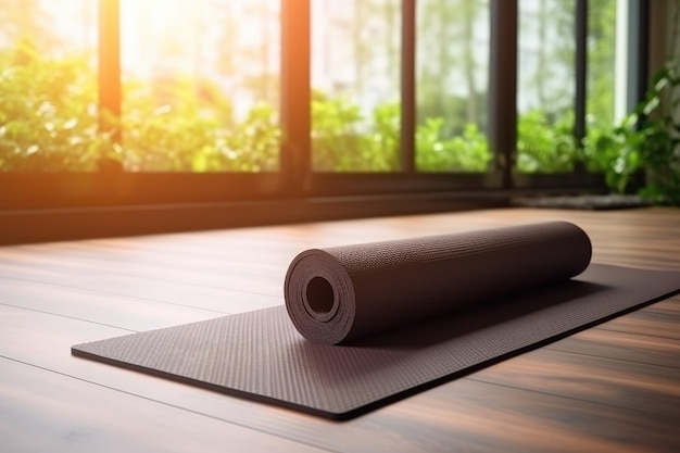 mata do jogi na drewnianej podłodze w nowoczesnym centrum fitness