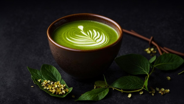 Matcha latte ze świeżymi liśćmi herbaty w pięknej filiżance w stylu japońskim, widok z góry na tło