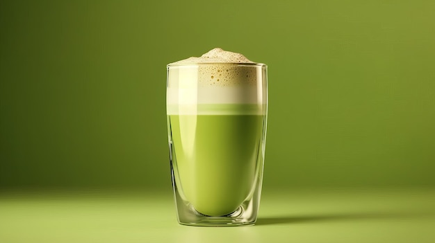 Matcha zielona herbata latte w szklance na zielonym żółtym tle Generative ai