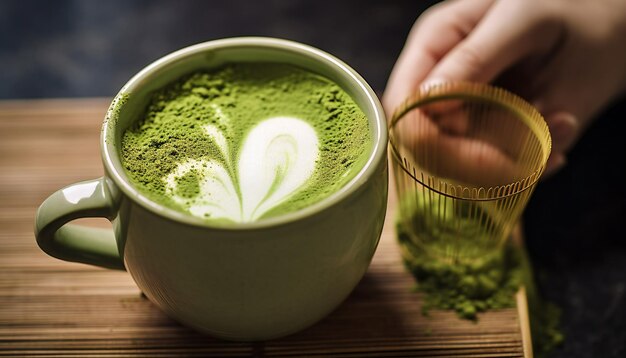 Matcha zielona herbata w filiżance trzymanej za ręce