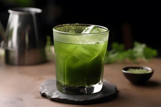 Matcha Zielona herbata z kostką lodu w szklance Zbliżenie Generative AI