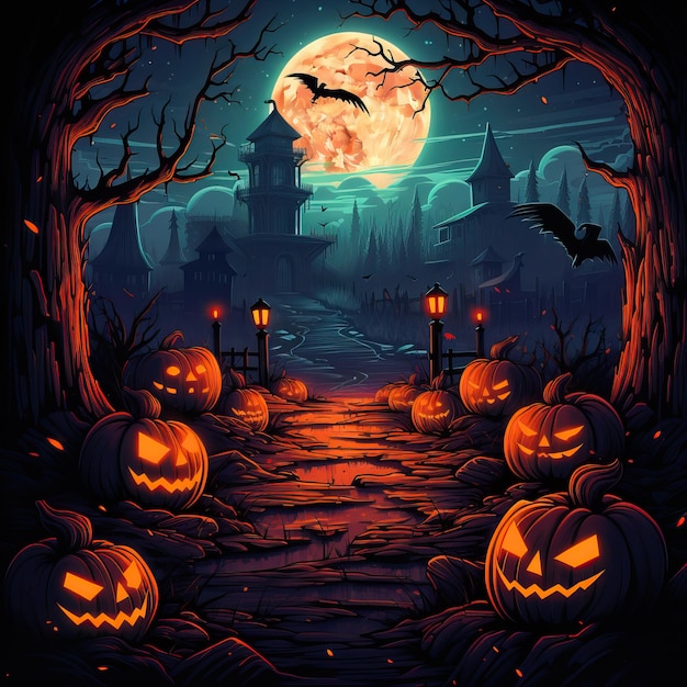 Materiały na plakat Halloween w animowanym stylu, wysokiej jakości obraz wygenerowany przez sztuczną inteligencję