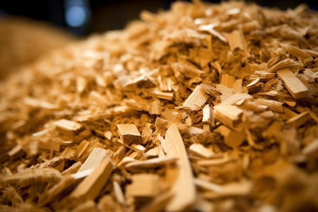 Zdjęcie materiały organiczne, takie jak odłamki drewna i granulki, przechowywane w magazynie do produkcji energii z biomasy