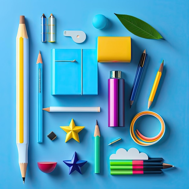 Materiały szkolne na niebieskim tle Powrót do kreatywnego, płaskiego szablonu układania szkoły