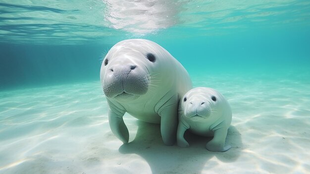 Zdjęcie matka dugong uczy małego diugonia pływać