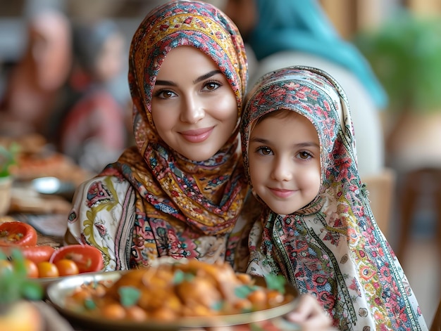 Matka i córka jedzą tradycyjny posiłek w przytulnej restauracji