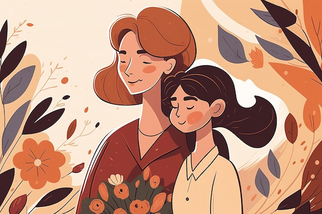 Matka i córka na kwiatowym tle ilustracji na dzień matki Generative ai