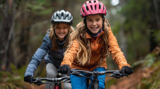Matka i córka śmieją się podczas jazdy na rowerze górskim w lesie