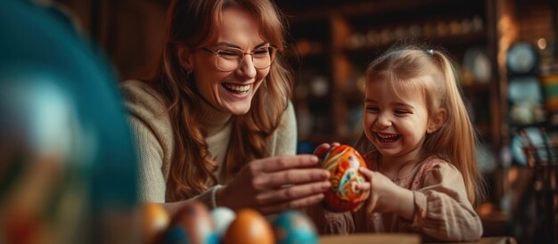 Matka i córka uśmiechają się malując jajka wielkanocne.