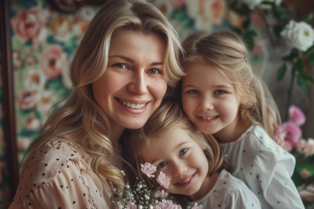 Zdjęcie matka i córki pozują na zdjęcie z kwiatowym tłem