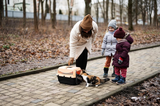 Matka i córki spacerujące z kotkiem w podróżnym plastikowym wózku na świeżym powietrzu w parku