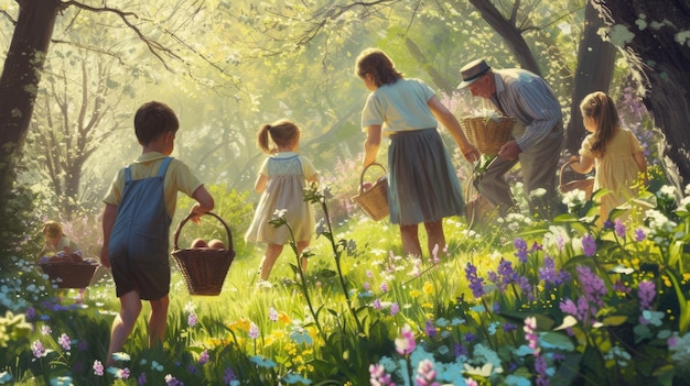 Matka i dzieci szczęśliwie zbierają jaja wielkanocne na polu kwiatów