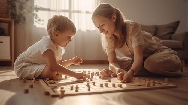 Matka i dziecko grają w grę planszową