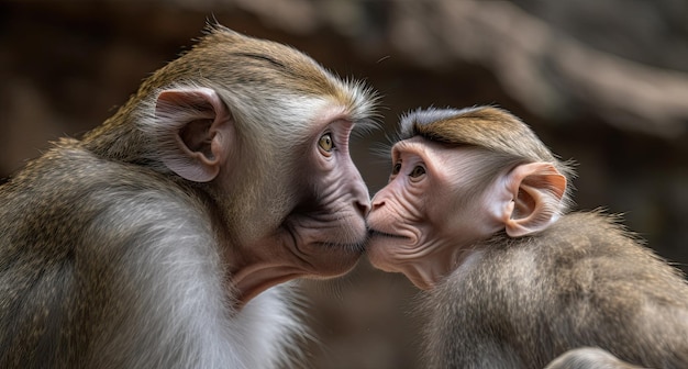 Matka i dziecko małpa całują się