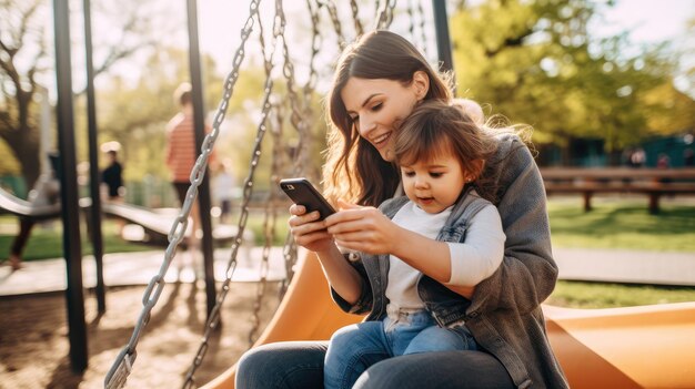 Matka i dziecko na placu zabaw patrząc na telefon