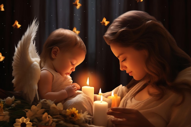 Matka i dziecko patrzą na świecę Koncepcja miesiąca świadomości ciąży i utraty niemowlęcia