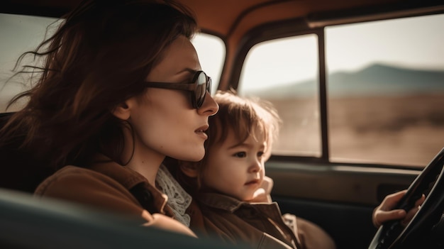 Matka i dziecko siedzą w samochodzie i patrzą przez okno.