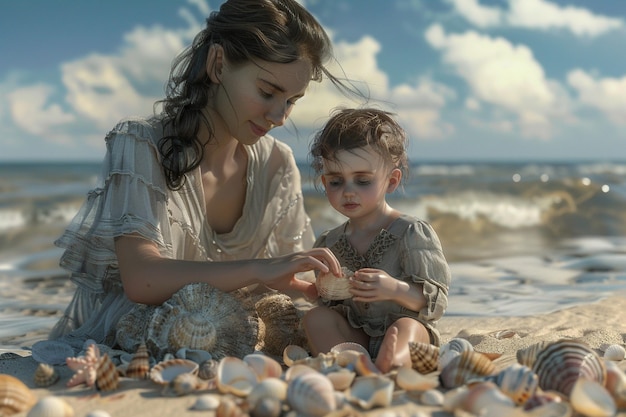 Zdjęcie matka i dziecko zbierają muszle morskie