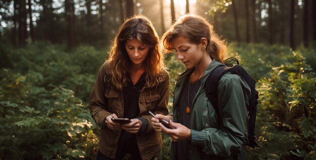 Matka i jej nastoletnia córka korzystają z telefonu na górskiej tapecie HD